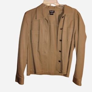 Stretchy Cotton Blend Women's Tan Button-Front Utility Jacket Size Petite 10